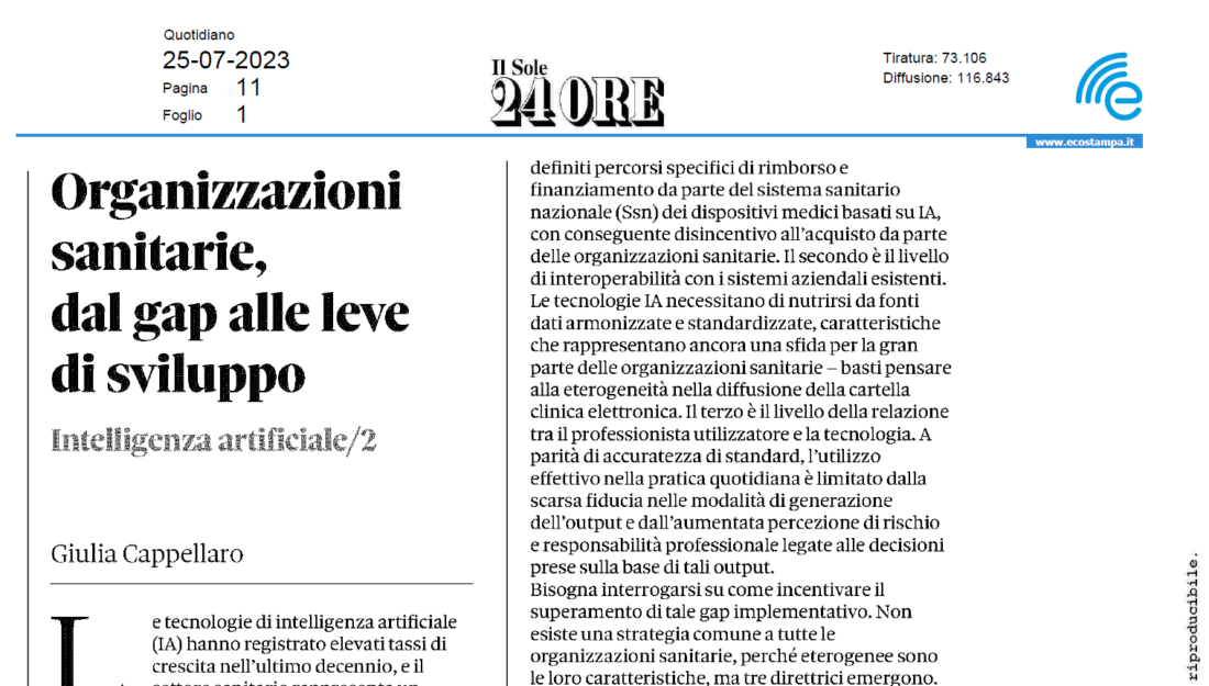 Editoriale su Il Sole 24 Ore: Artificial Intelligence in sanità